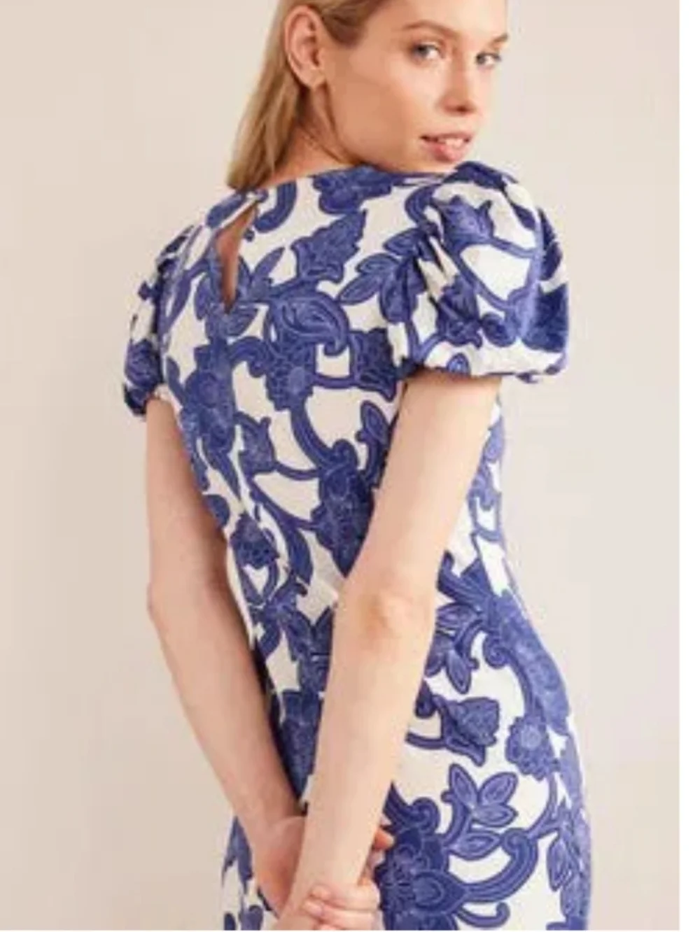 Boden Puff Sleeve Blue Floral Jersey Midi Dress Size 8R EUC - Picture 3 of 12